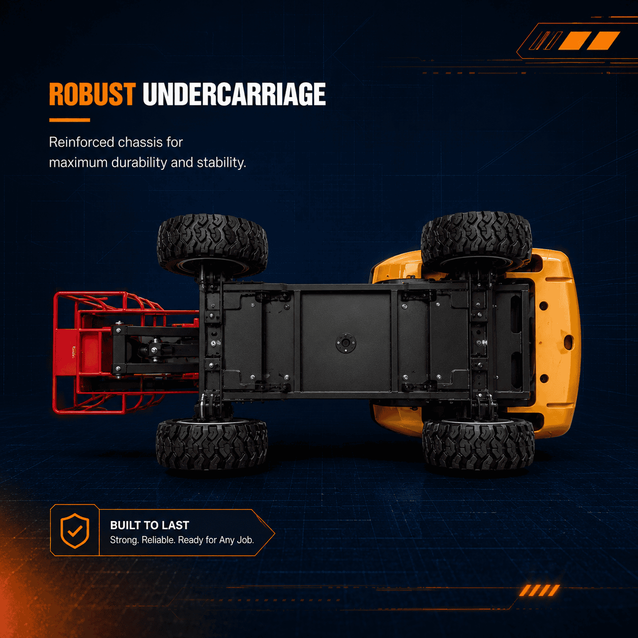 Undercarriage of custom die-cast boom lift scale model