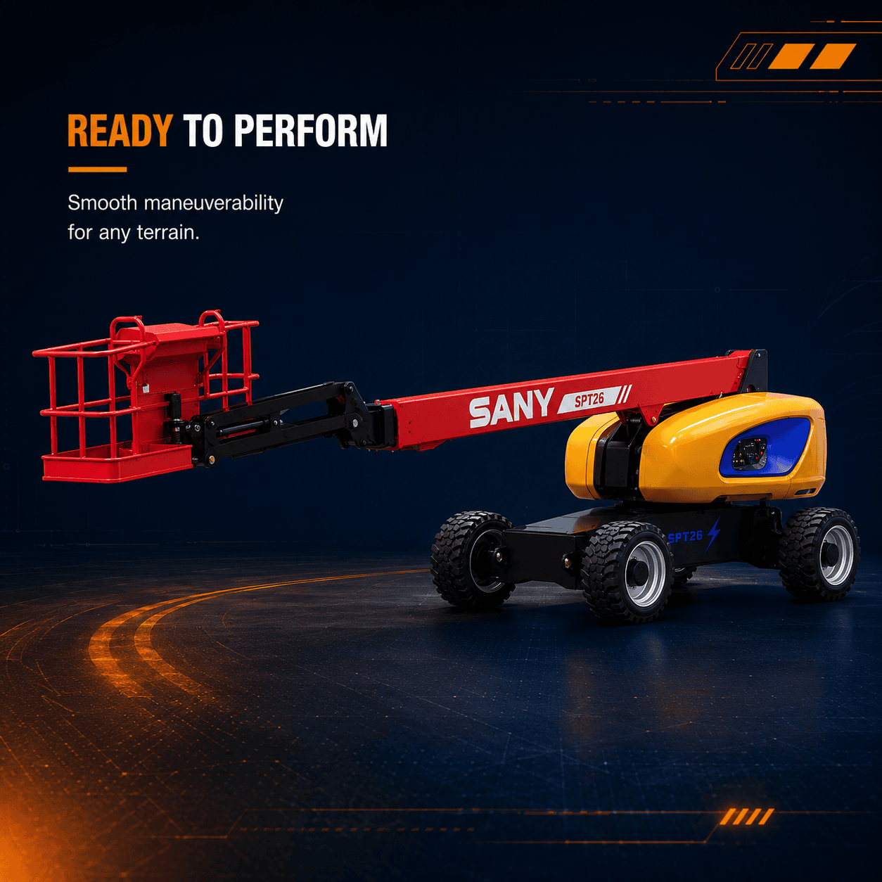 Front side view of 1:30 SANY SPT26 telescopic boom lift scale model
