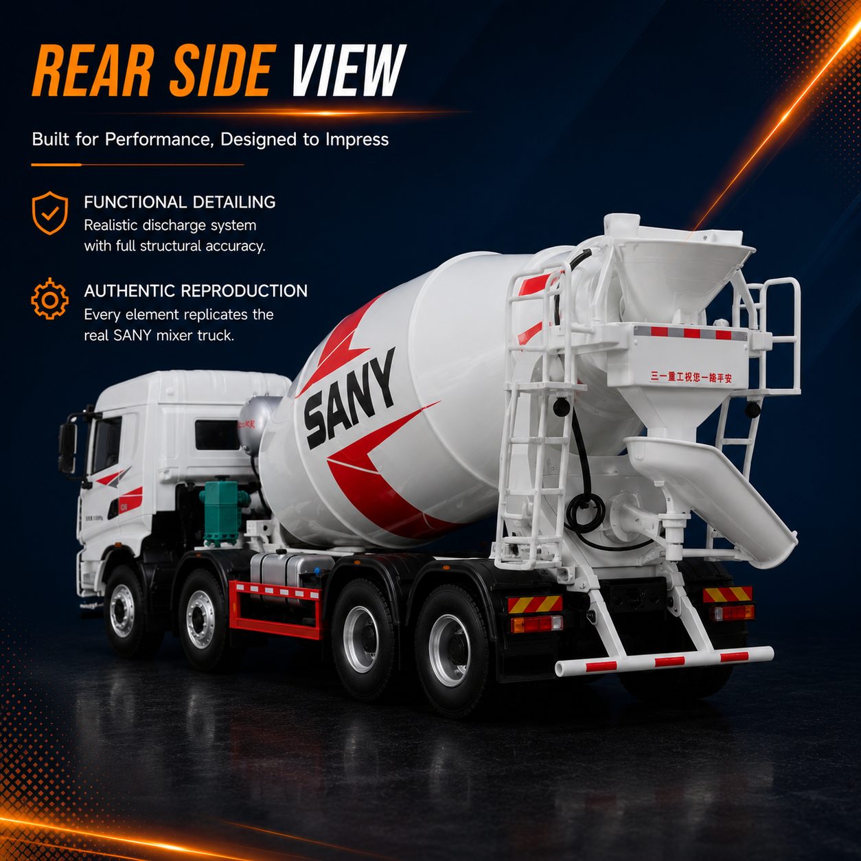 Rear quarter view of 1:24 scale SANY concrete mixer truck model