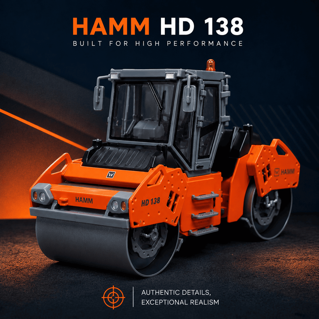Front three-quarter view of HAMM HD138 custom road roller model