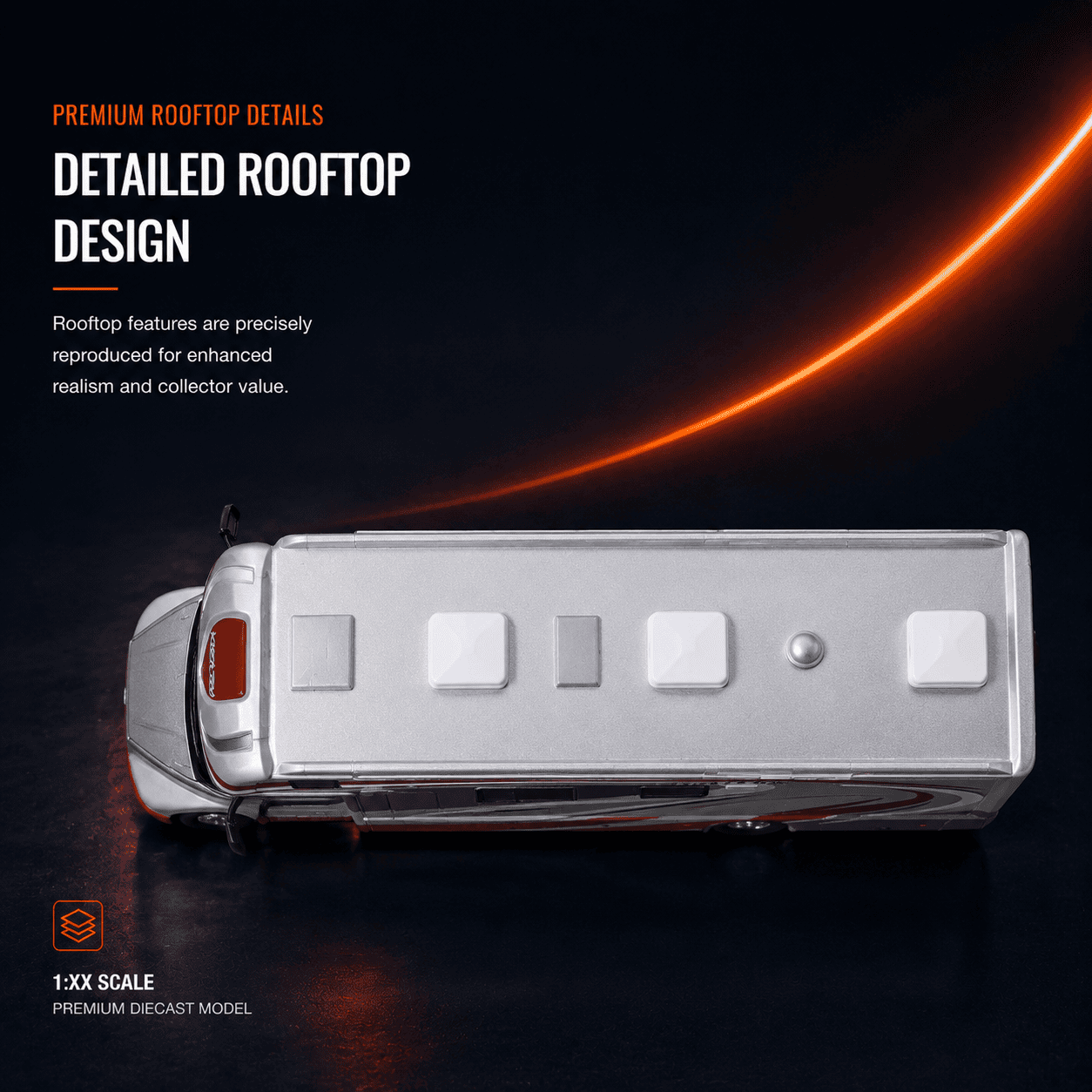 Top view of the 1:42 Yutong Klen.RV luxury motorhome scale model