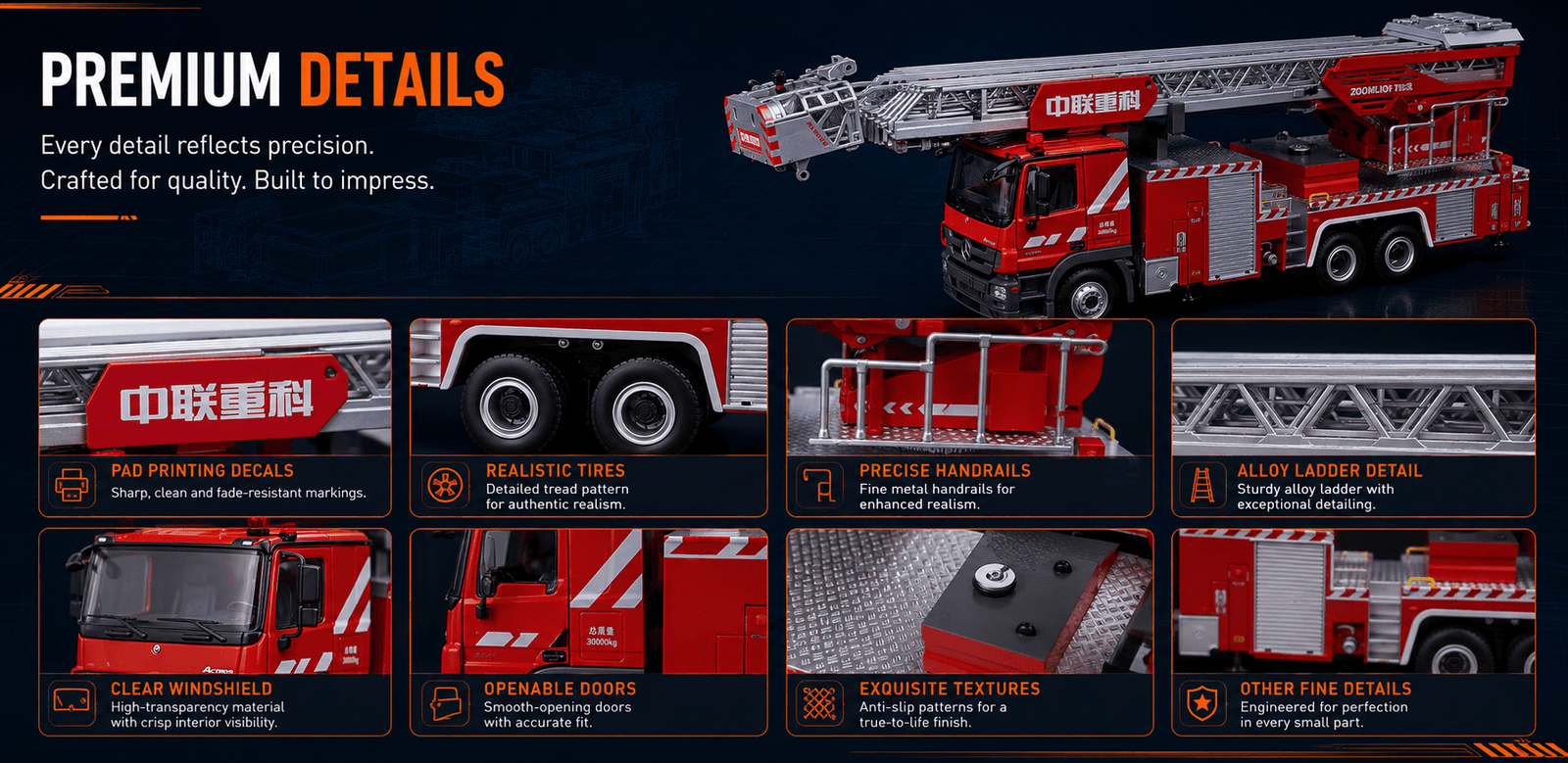 Premium details including pad printing, tyres, handrails, ladder, windshield and surface textures
