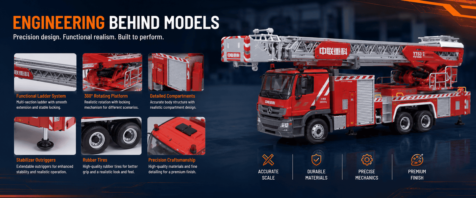 Engineering highlights of the ZOOMLION YT53 functional ladder fire truck diecast model