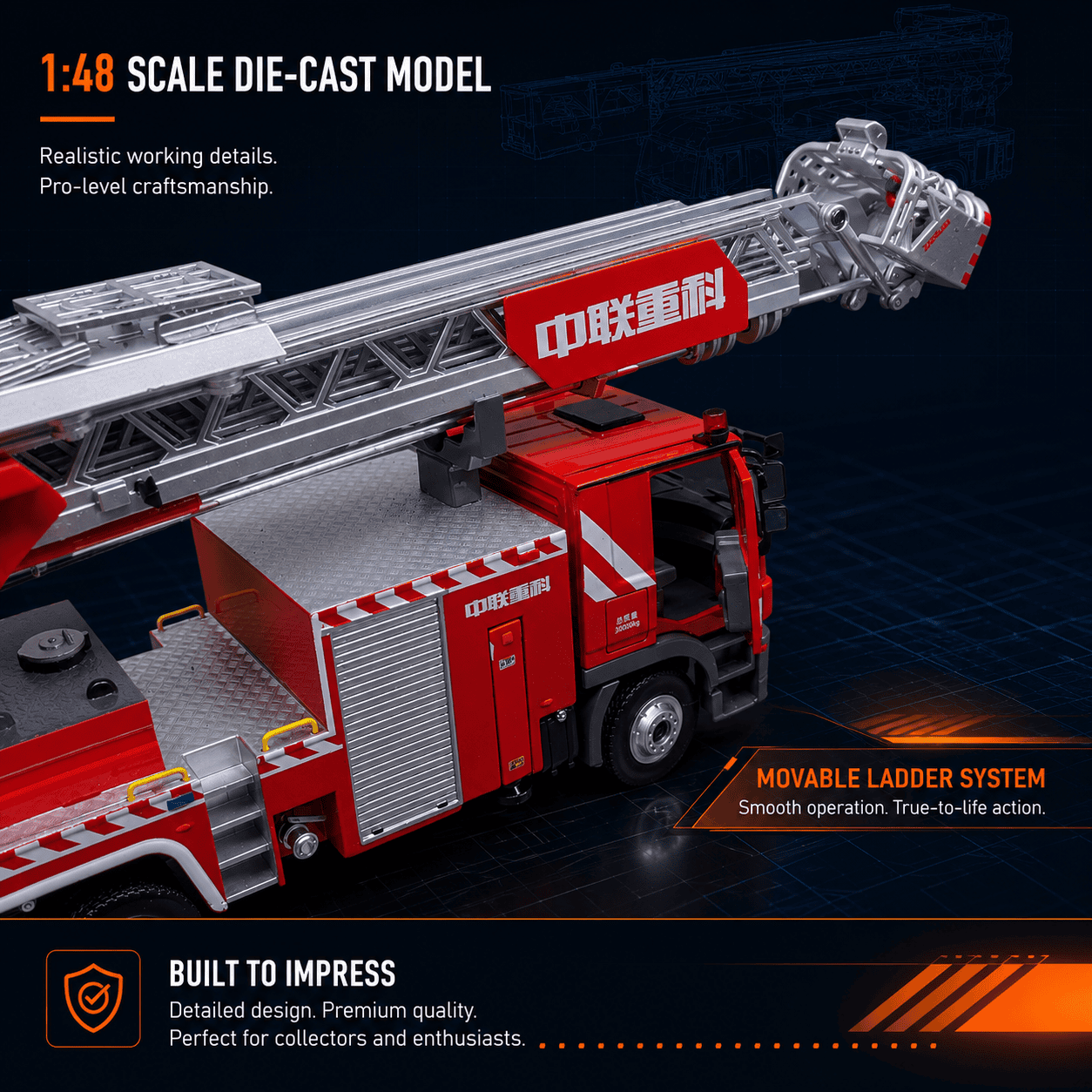 Front cab detail of Mercedes fire truck diecast scale model