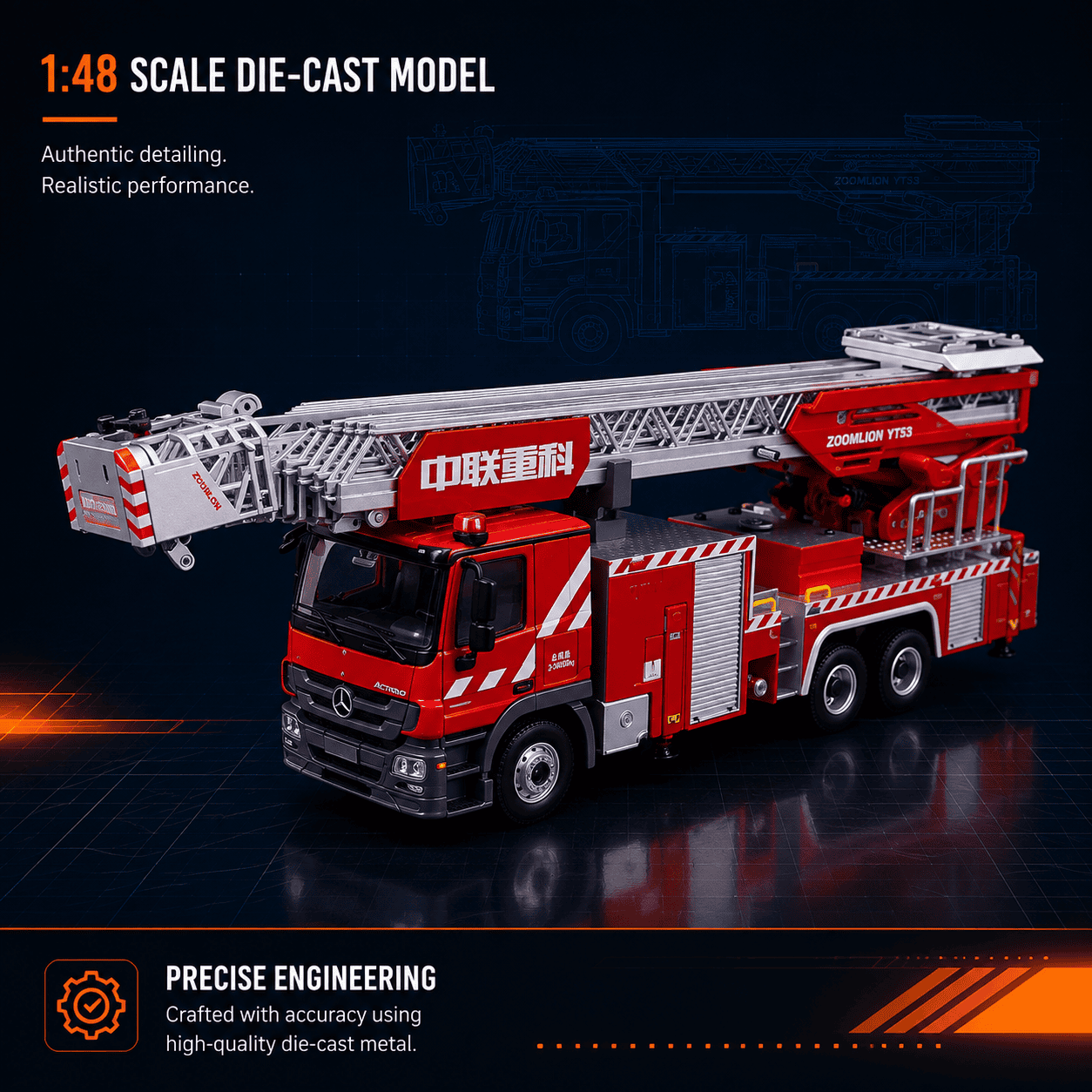 Front-side view of premium ZOOMLION YT53 diecast fire truck model