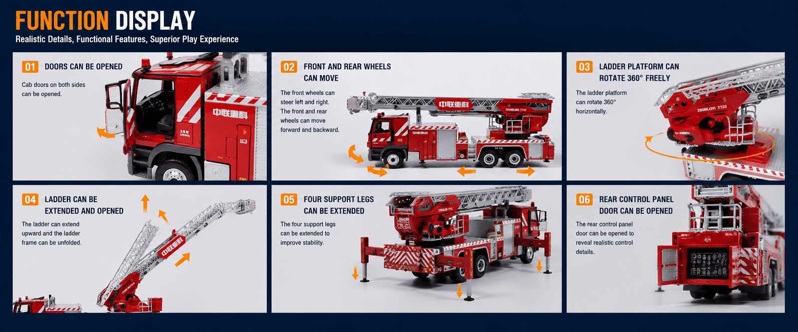 Functional demonstration of opening doors, steering wheels, rotating ladder platform, extending ladder and stabilizers