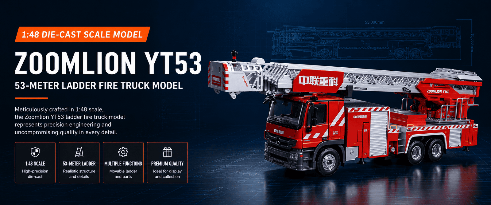 1:48 ZOOMLION YT53 53 meter ladder fire truck diecast scale model