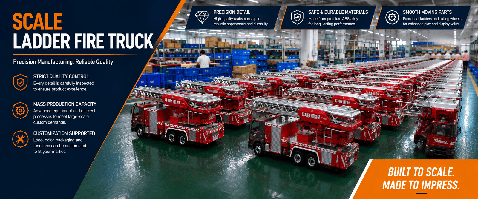 Mass production of custom ZOOMLION YT53 ladder fire truck scale models in the factory