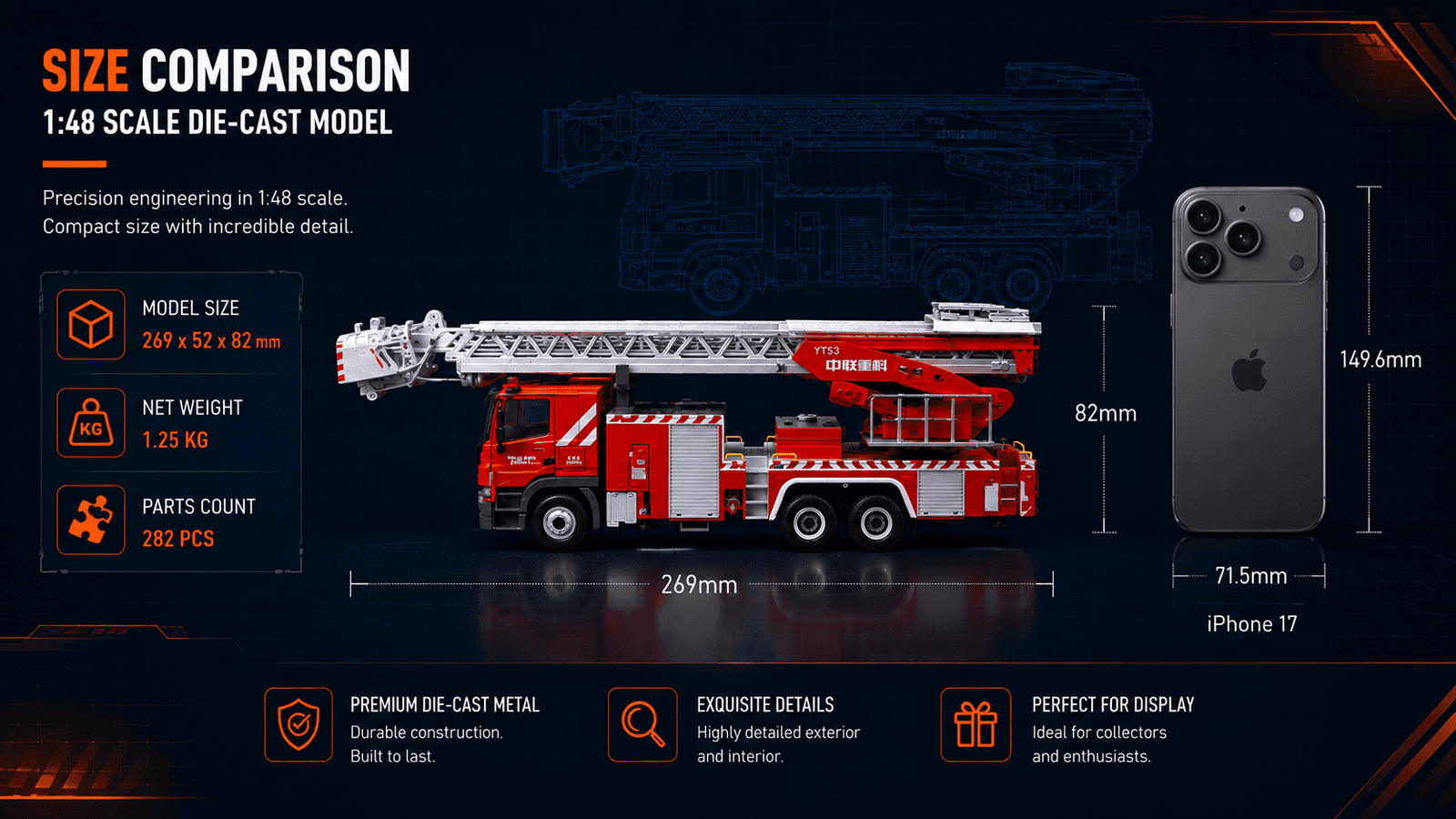 Size comparison of 269 millimeter ZOOMLION YT53 fire truck model with iPhone 17