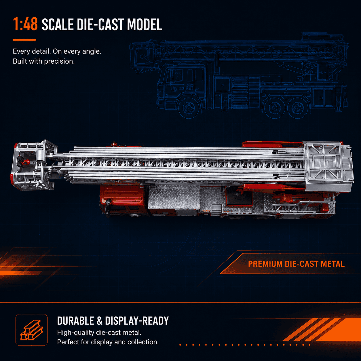 Top view showing the telescopic ladder structure of the fire truck model