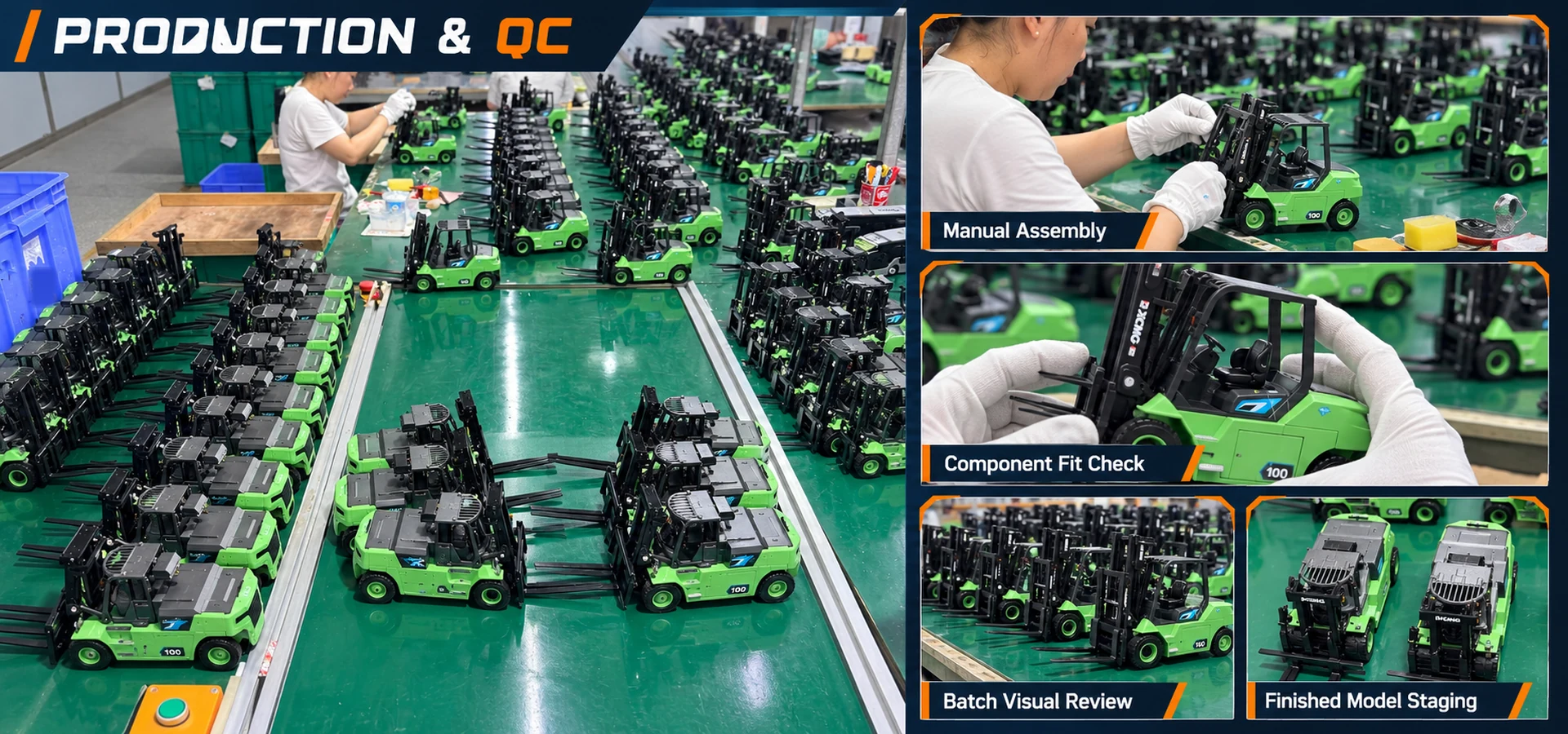 Assembly and quality review of green XCMG forklift scale models