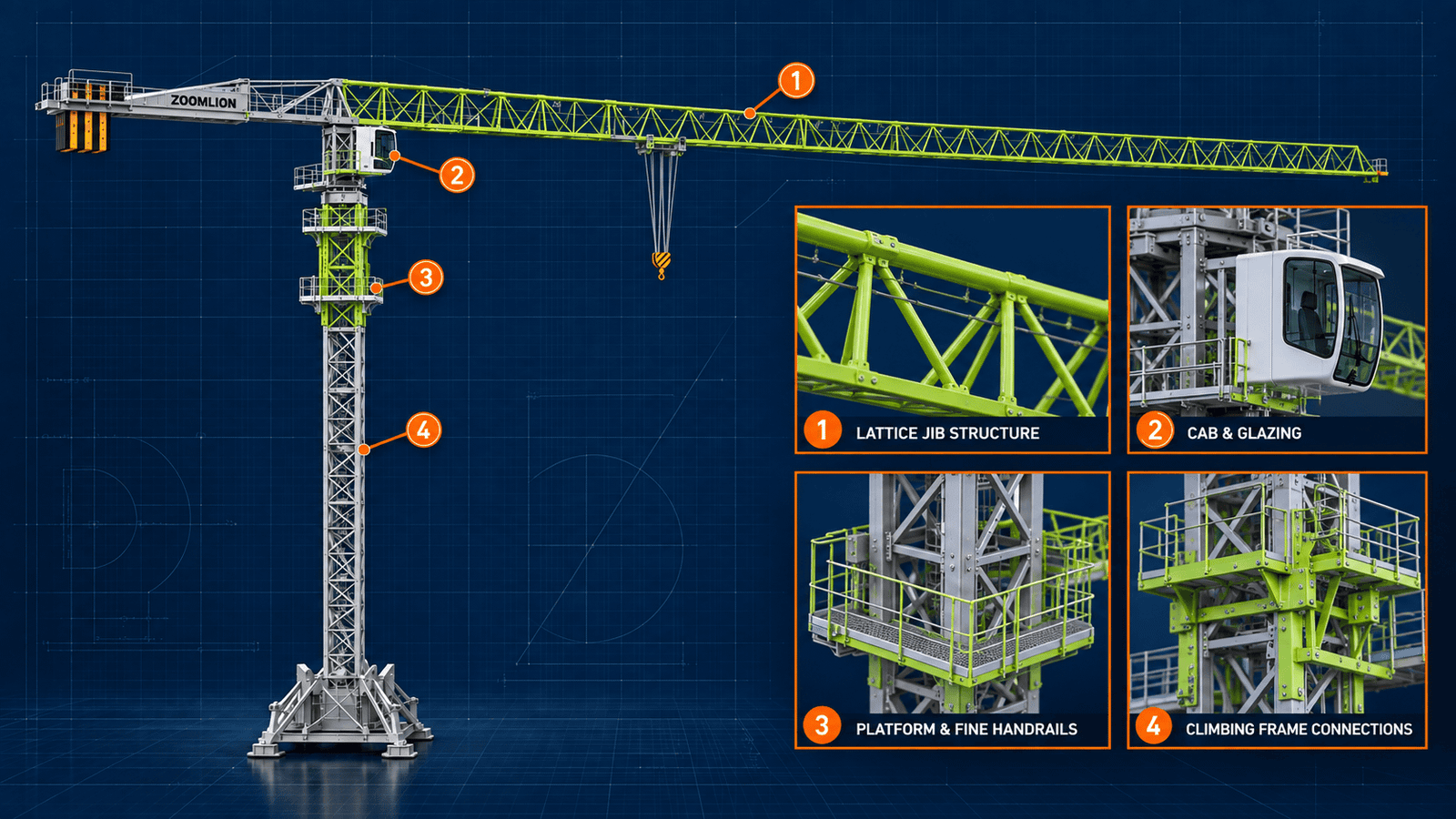 Engineering overview with enlarged lattice jib, cab, platform and climbing-frame details