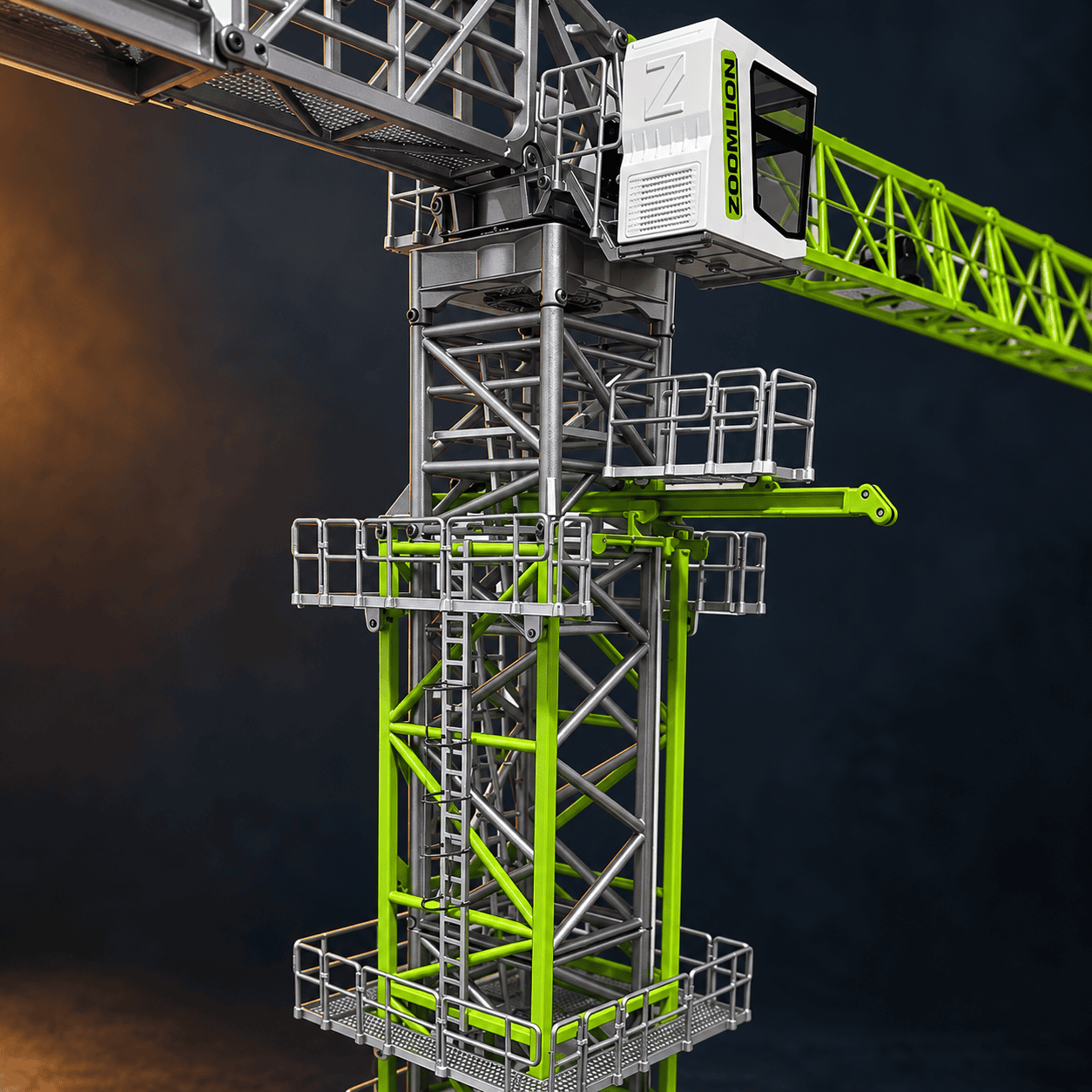 Cab, lattice mast and climbing-frame details on the tower crane scale model