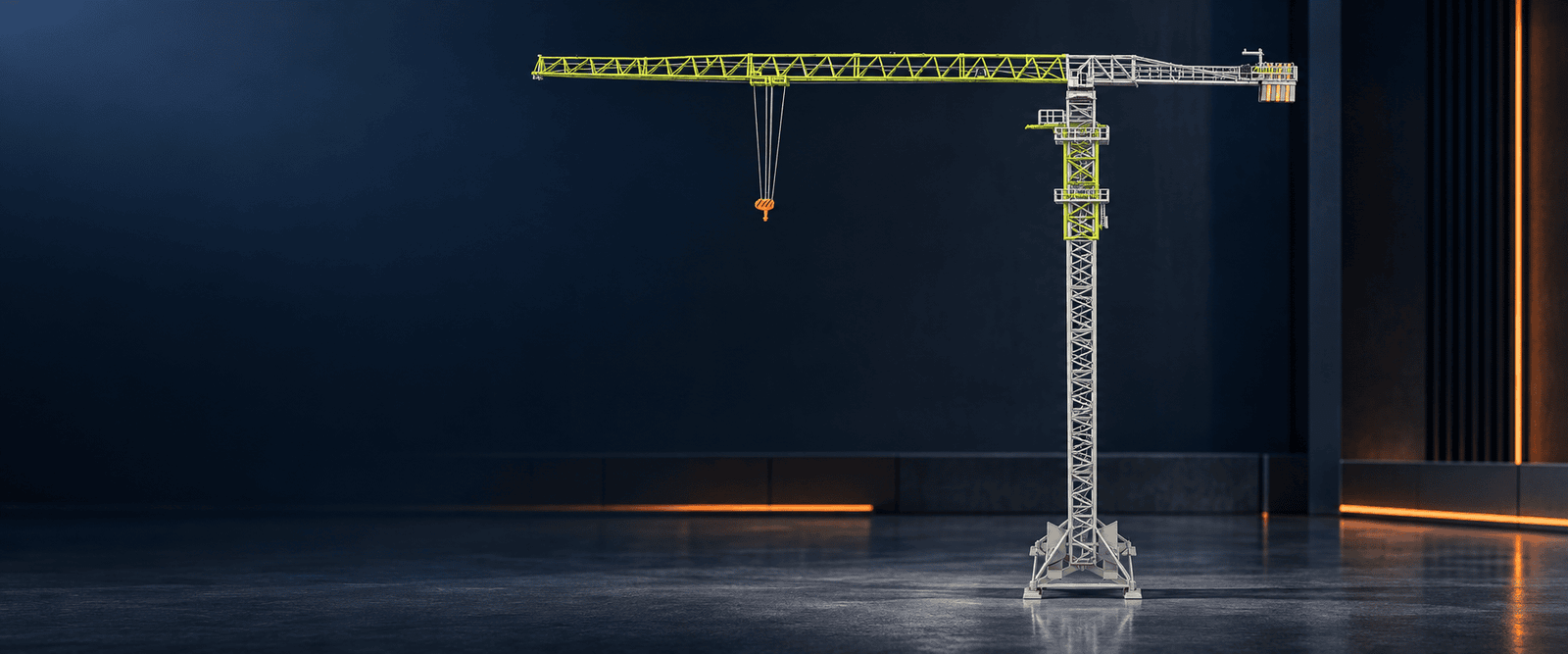 Complete ZOOMLION R370-20RB tower crane scale model in a dark industrial studio setting