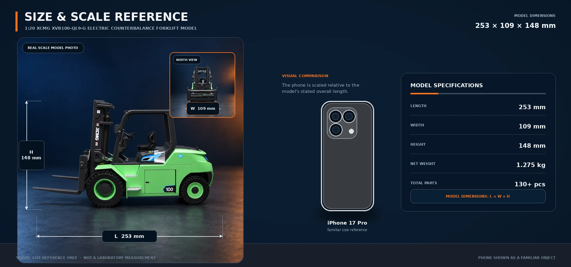 XCMG forklift model beside a smartphone for visual size comparison