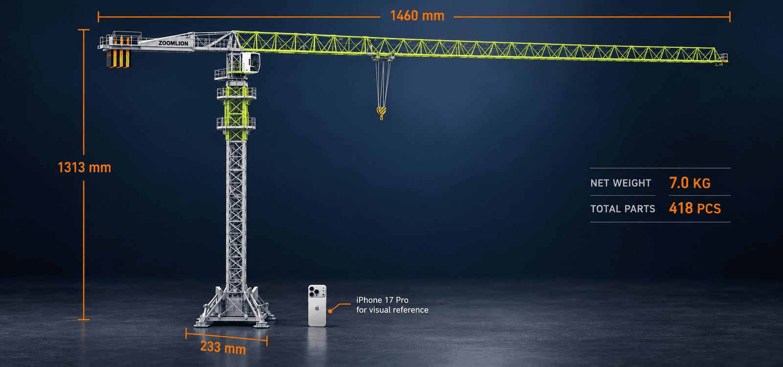 Tower crane model beside an iPhone 17 Pro for visual size comparison