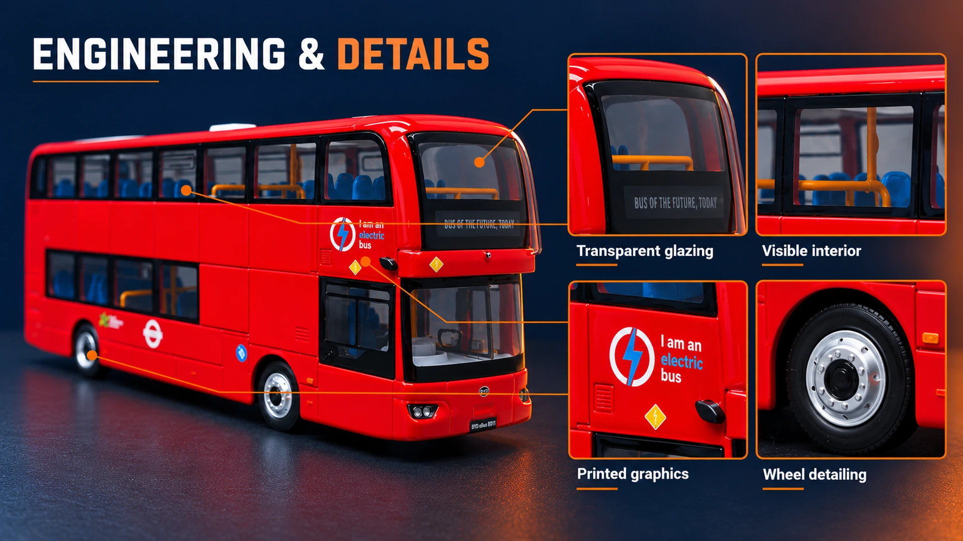 Bus model detail presentation with close-ups of glazing, seating, printed graphics and wheels