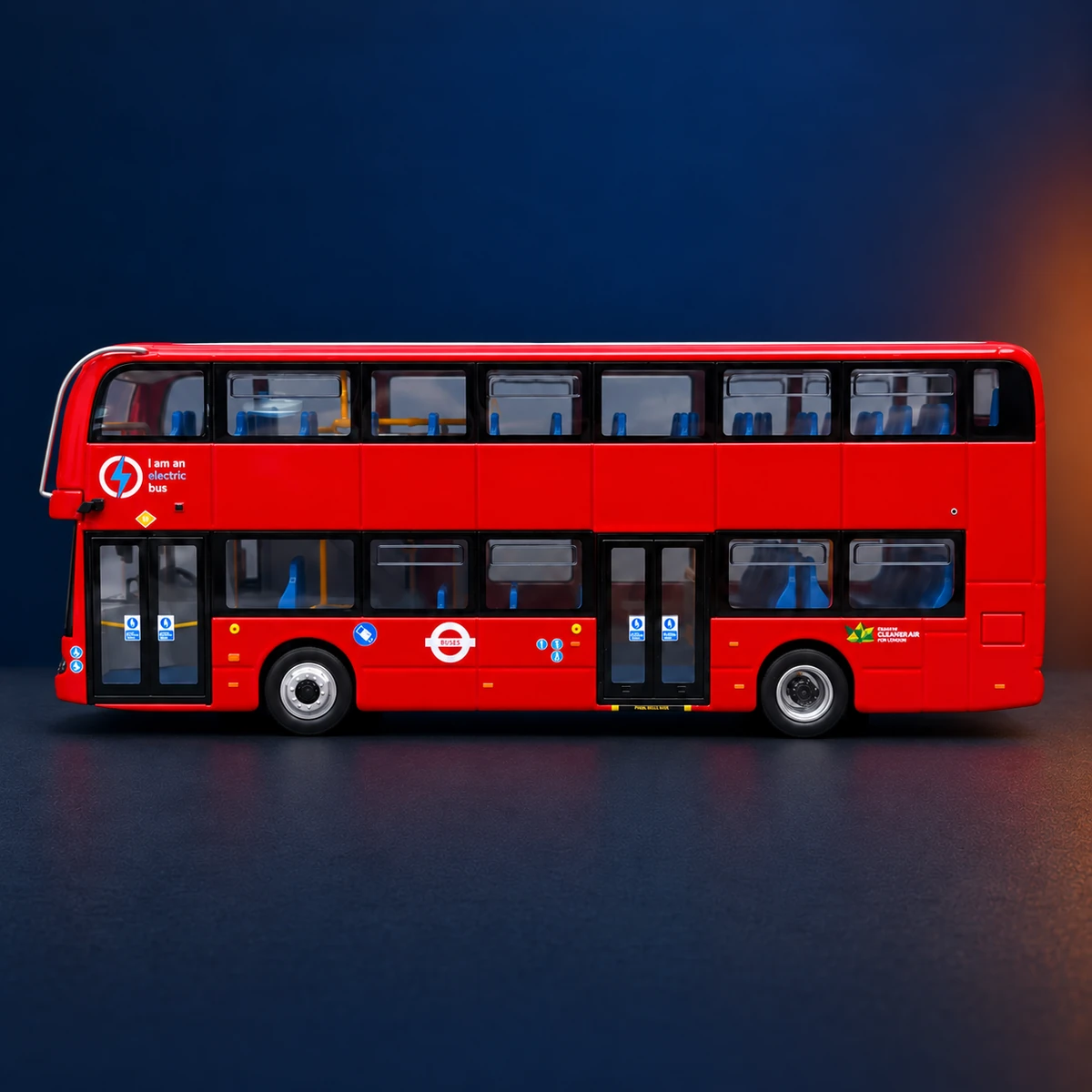 Side view of the red bus model showing both window levels and body graphics