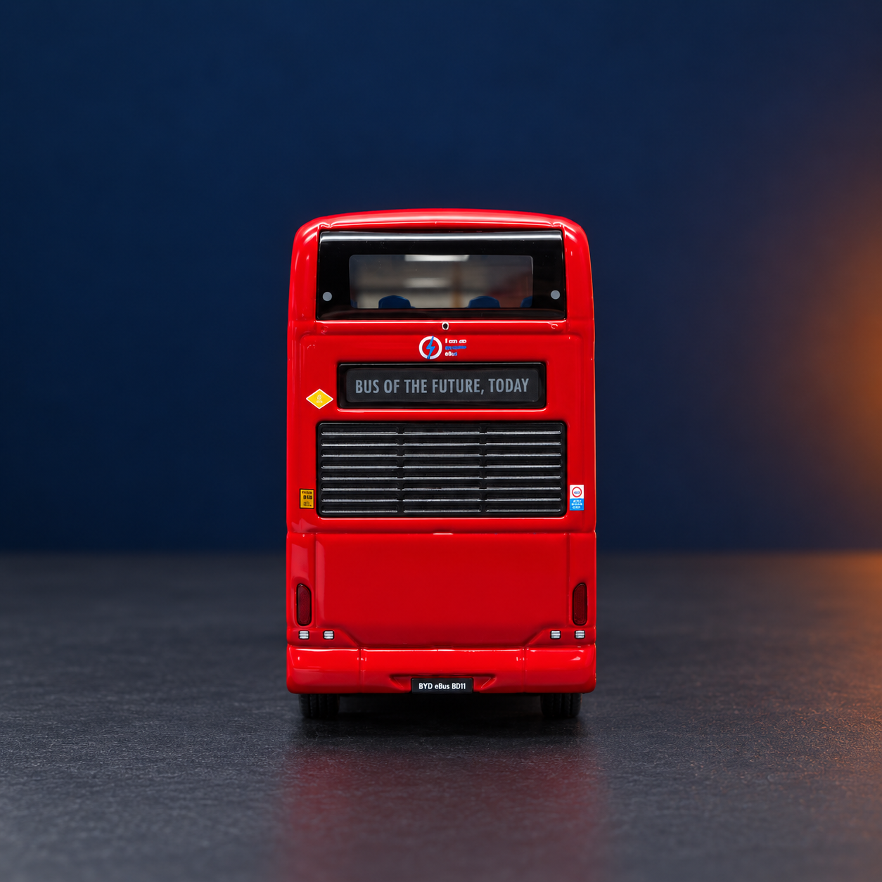 Rear view of the red BYD double-decker bus scale model