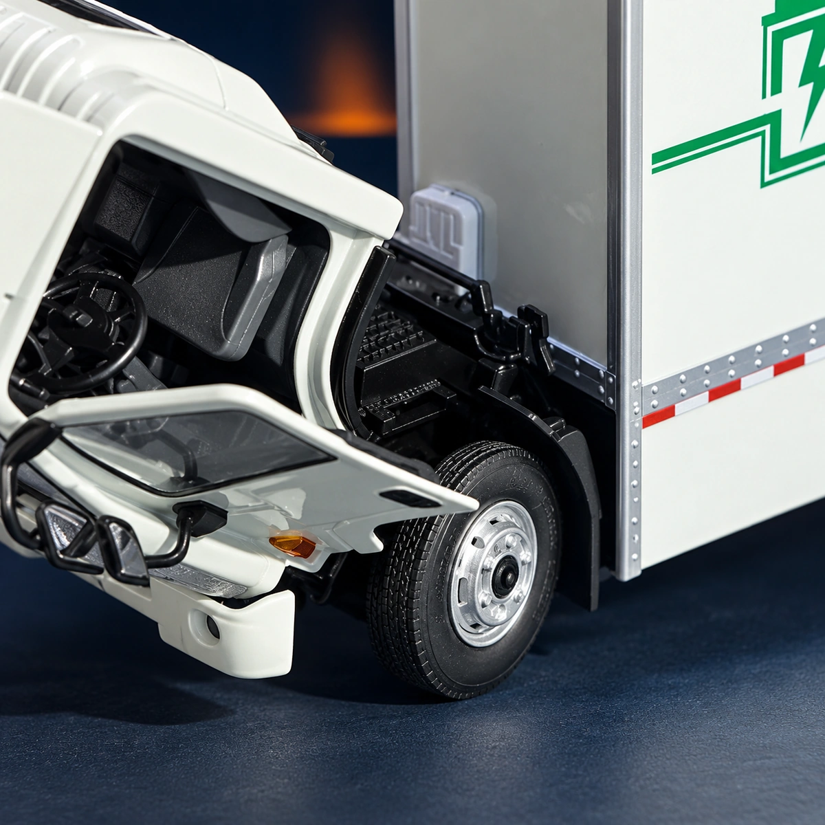 Front tyre tread and silver wheel hub on DAYUN truck model