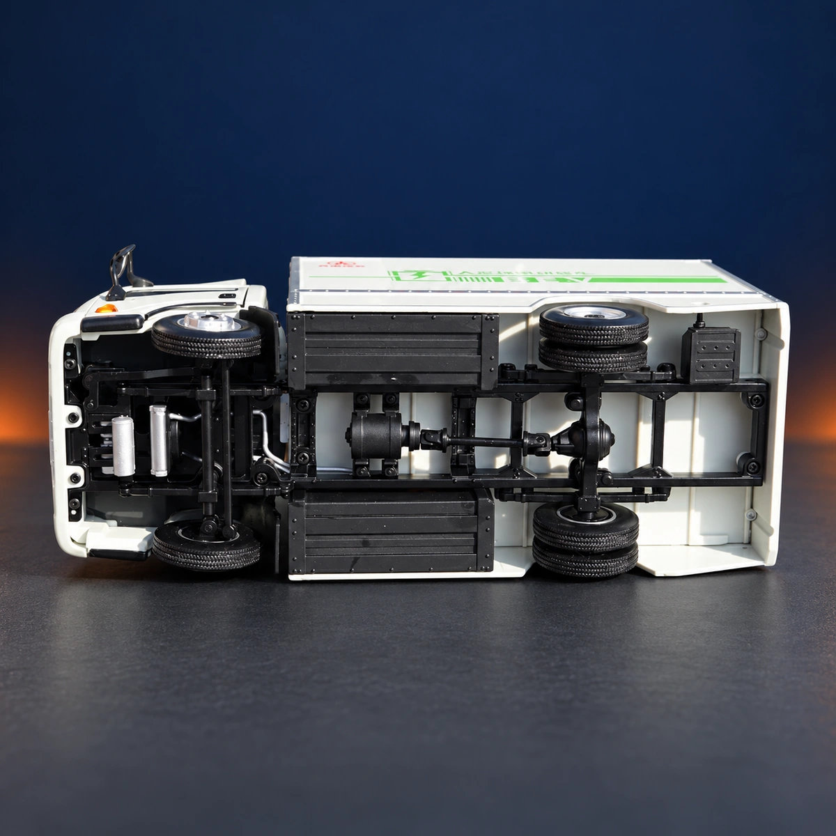 Underside of DAYUN box truck model showing chassis and axle structures