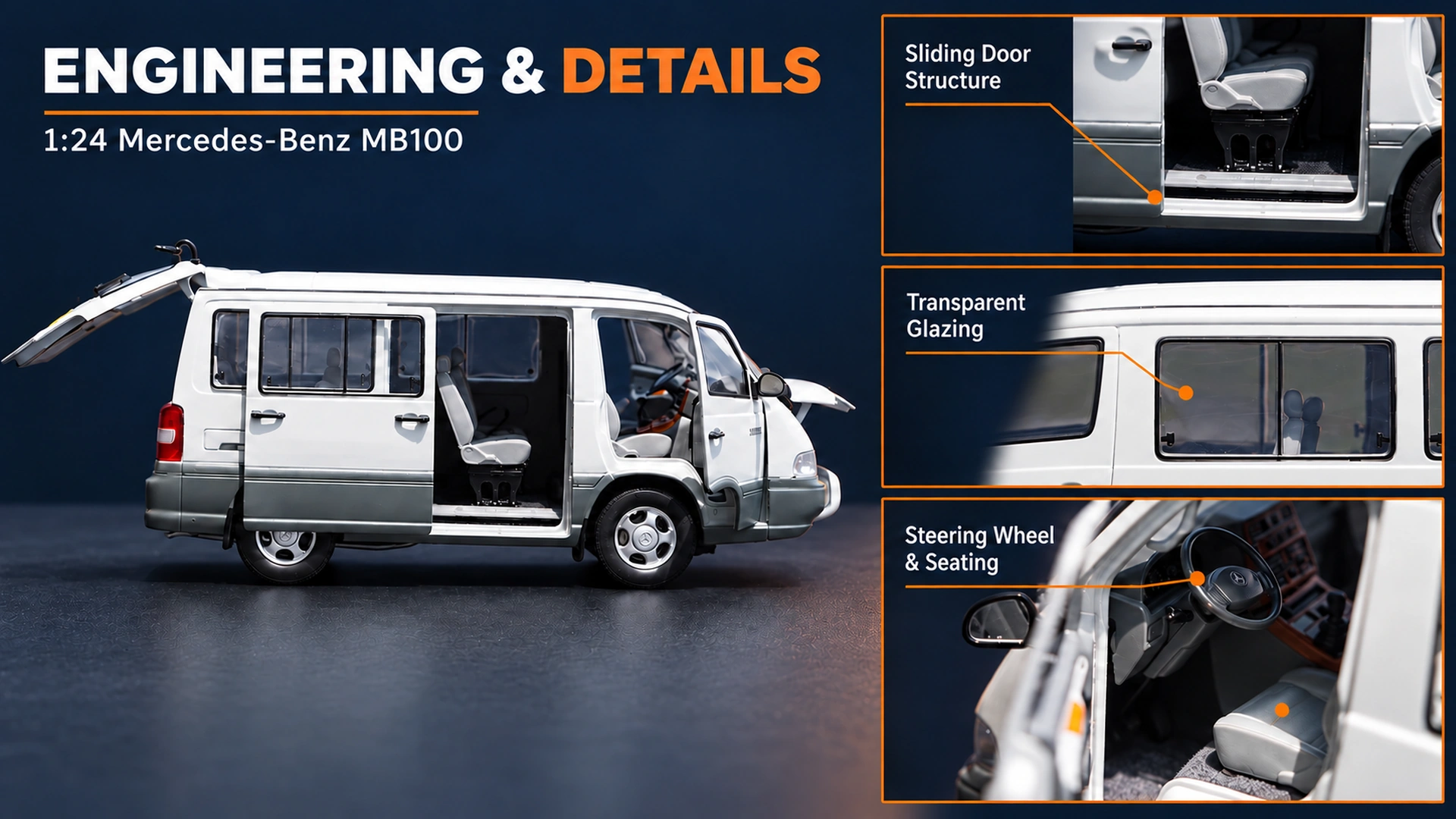 MB100 engineering presentation highlighting the sliding doorway, transparent glazing, steering wheel and seating