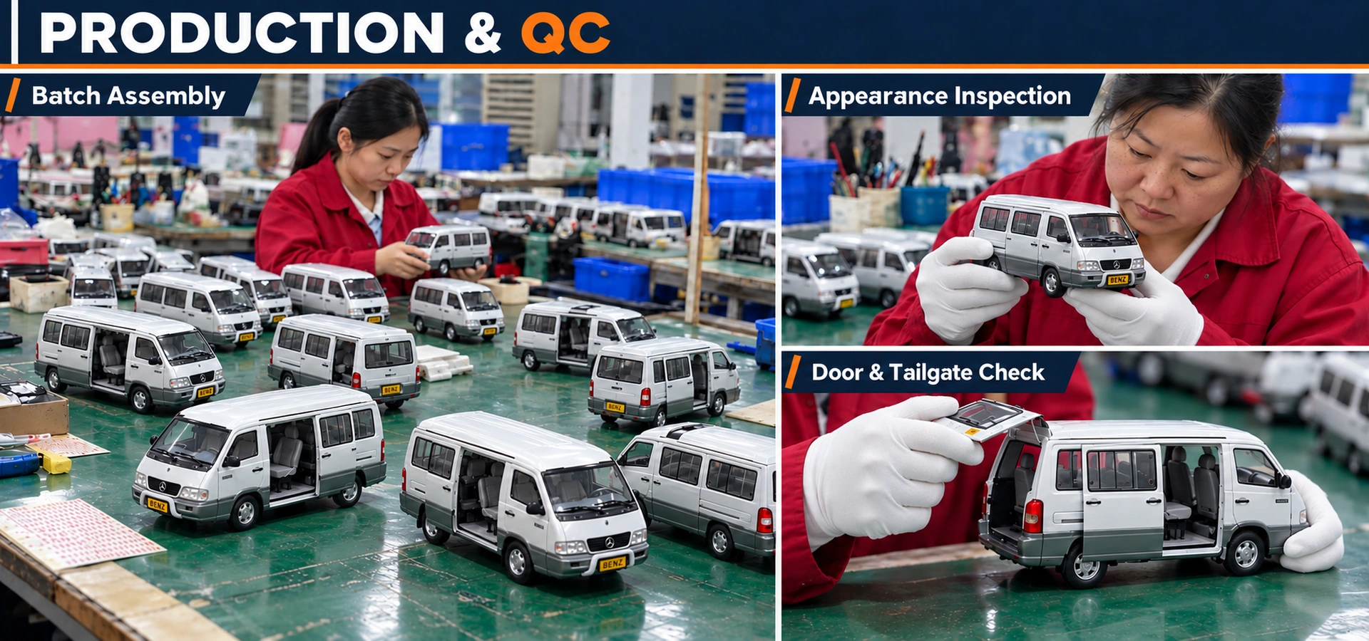AI-edited illustrative composite depicting MB100 batch assembly, appearance inspection and door and tailgate checks