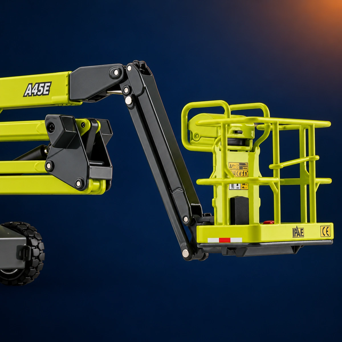Grey articulated jib links, pivot pins and work basket connection on the A45E model