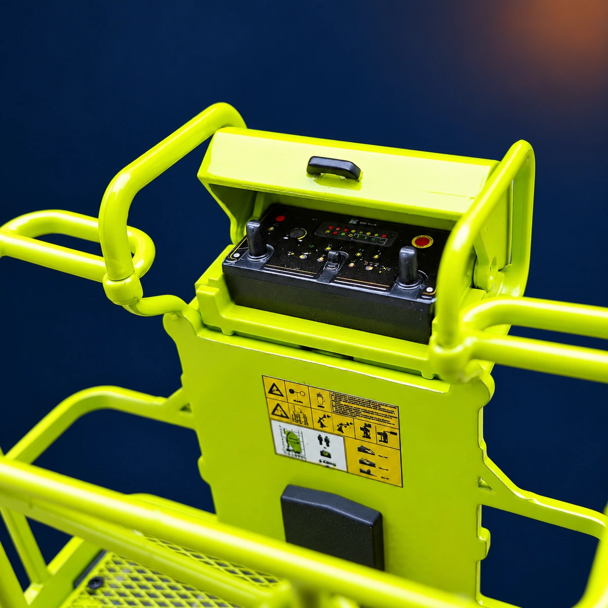 Open platform control cover revealing miniature joysticks and printed control panel graphics