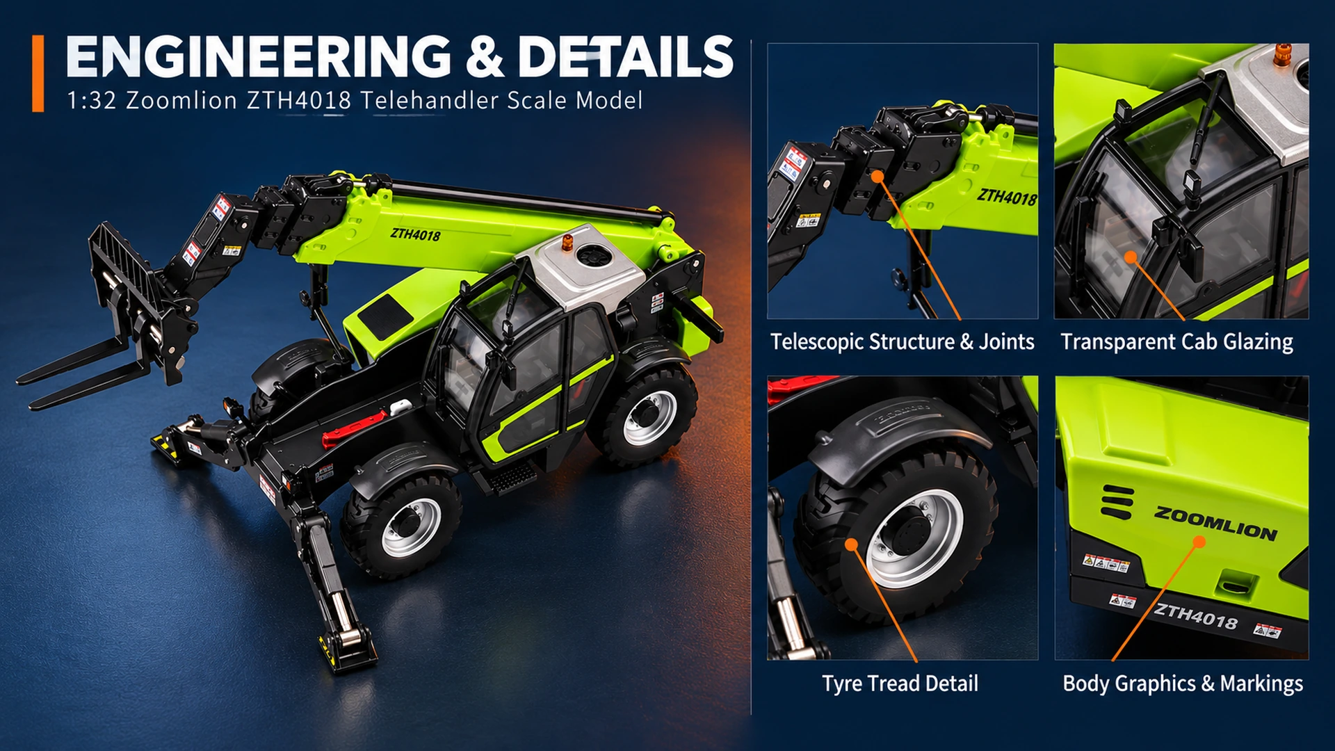 Engineering presentation of the ZTH4018 model with an overall view and enlarged visible details