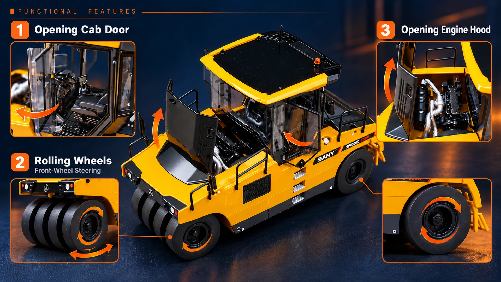 Functional demonstration of the SPR300C model showing cab door opening, wheel rolling, front-wheel steering and engine hood opening