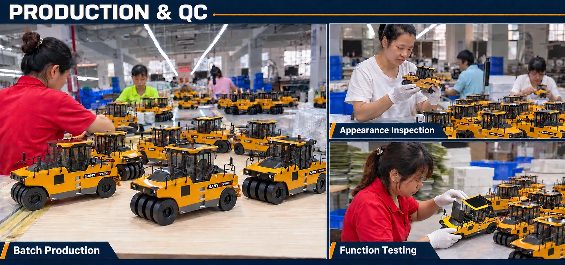 AI-edited factory process illustration with substituted SPR300C models showing batch production, appearance inspection and function testing