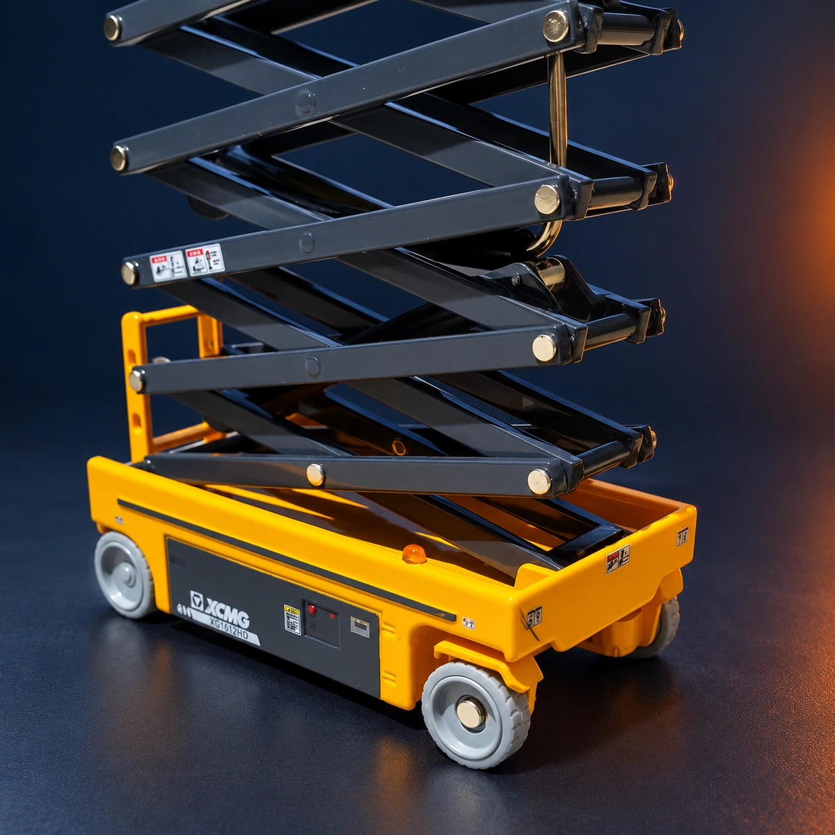 Close-up of the XG1612HD model’s exposed scissor connections and lower chassis