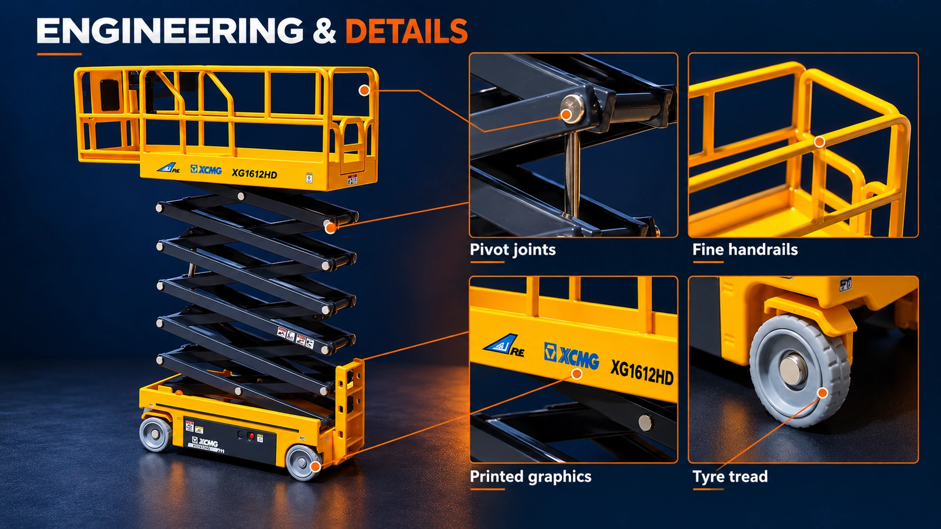 Engineering presentation highlighting visible pivot joints, handrails, printed graphics and tyre tread