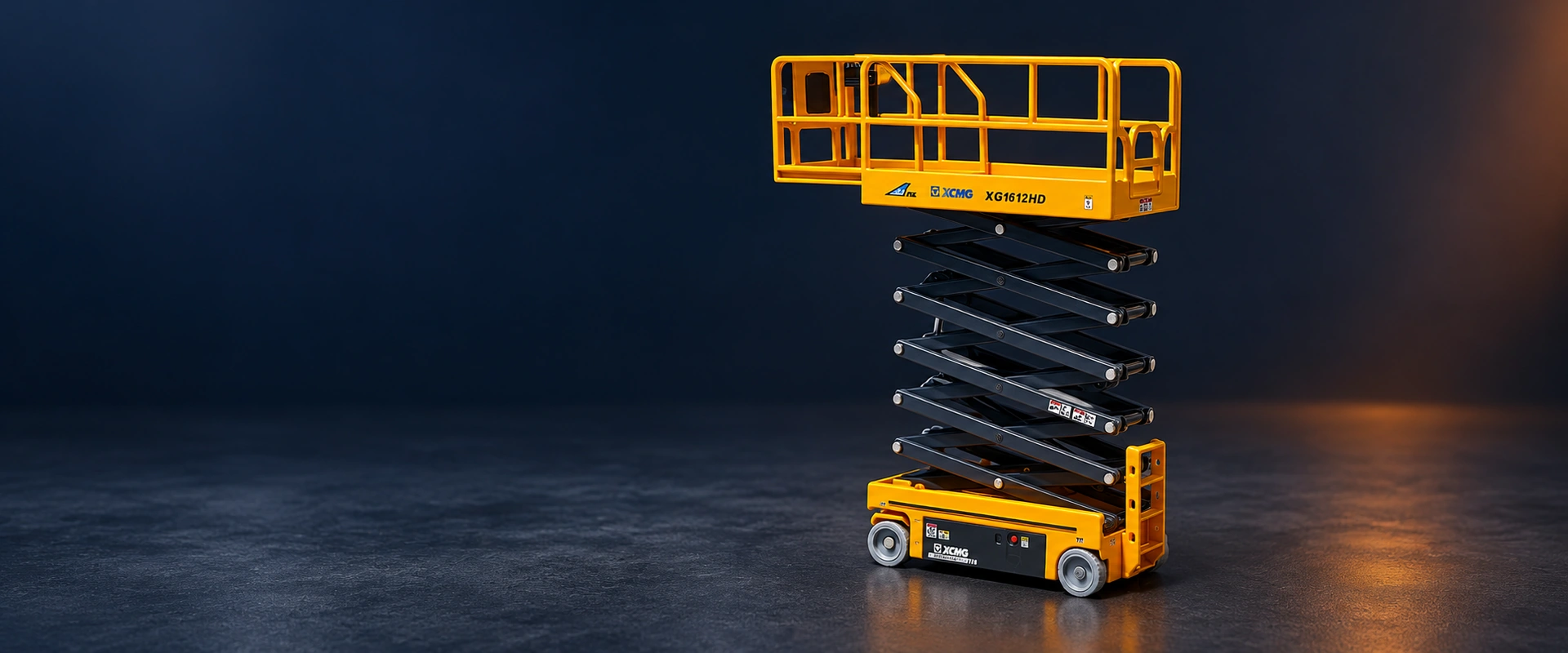 1:35 XCMG XG1612HD mobile elevating work platform scale model with its scissor platform raised