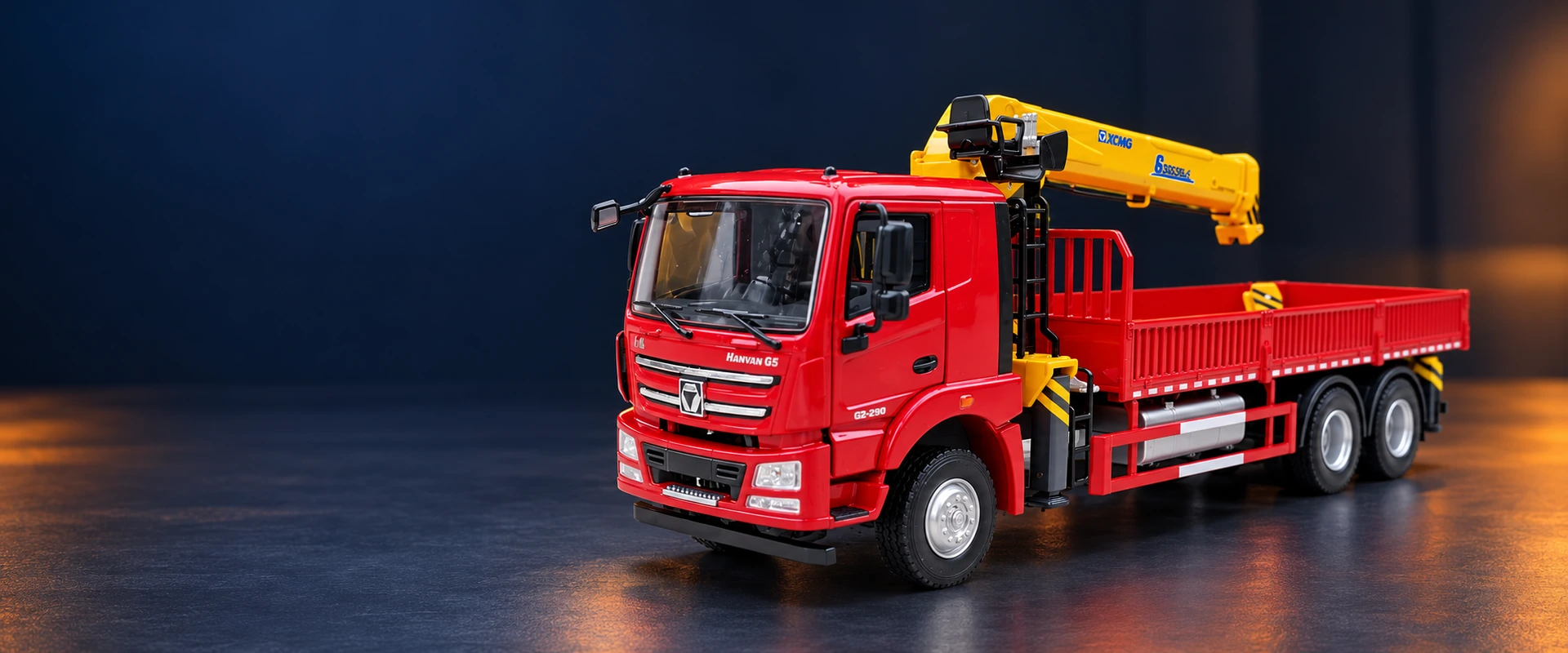 1:35 XCMG truck-mounted crane scale model with red truck body and yellow crane