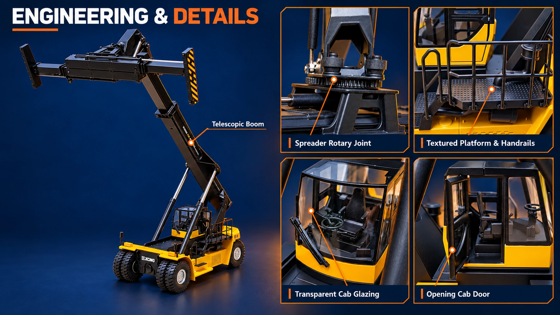Engineering presentation with a complete reach stacker model and enlarged views of the spreader joint, textured platform and handrails, transparent cab glazing and opening door