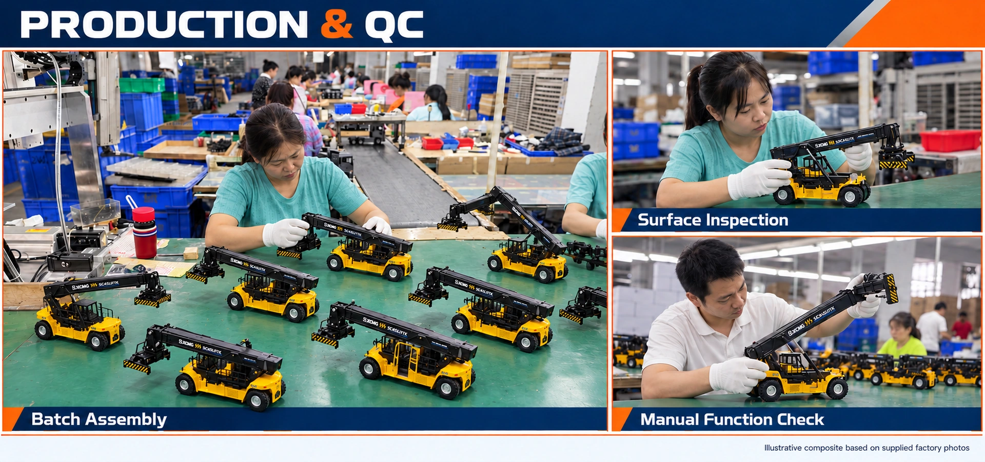 AI-edited illustrative composite adapted from factory photos, depicting reach stacker model assembly, surface inspection and manual function checking