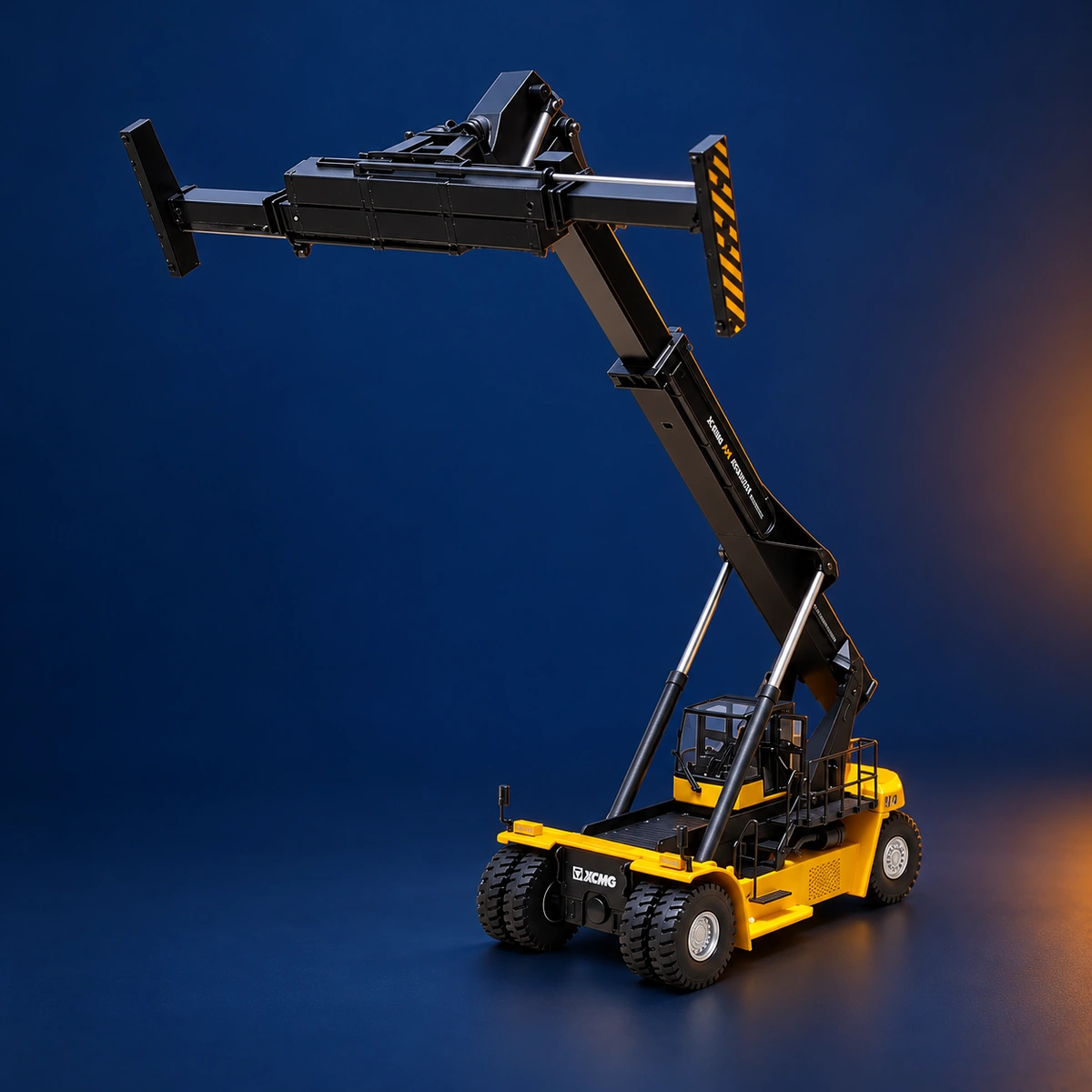 XCMG reach stacker miniature with raised telescopic boom and extended container spreader