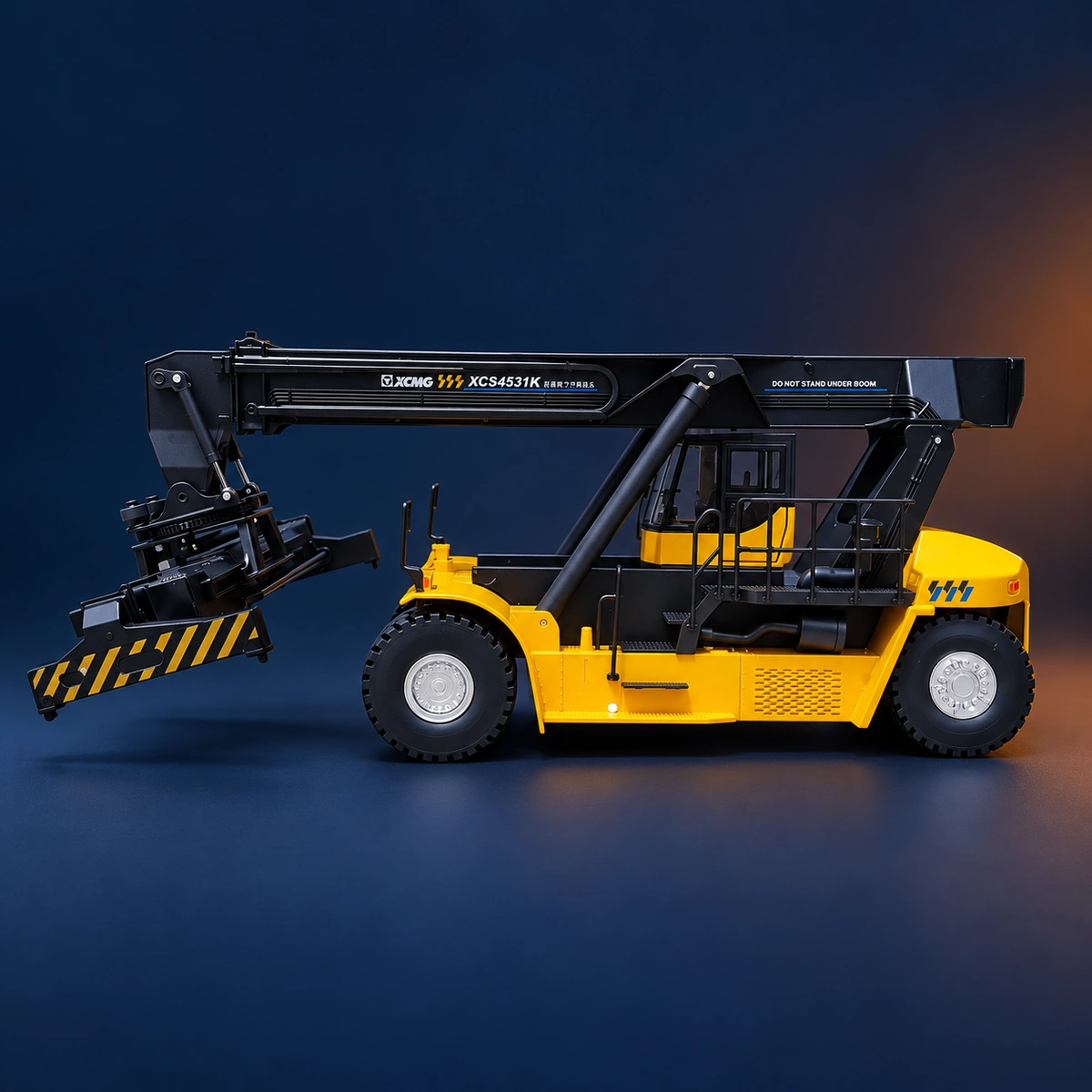 Side profile of the reach stacker model showing the boom, access platform and spreader