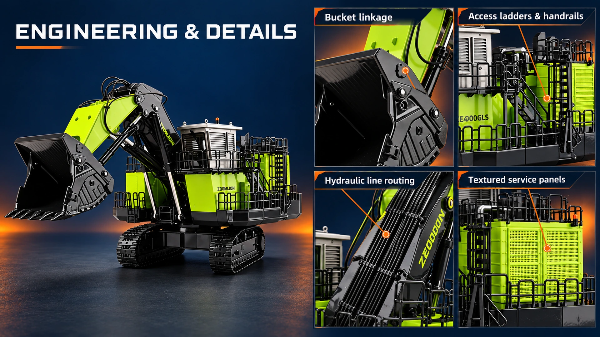Engineering presentation of the XE4000GLS model showing bucket linkage, access structures, hydraulic lines and service panels