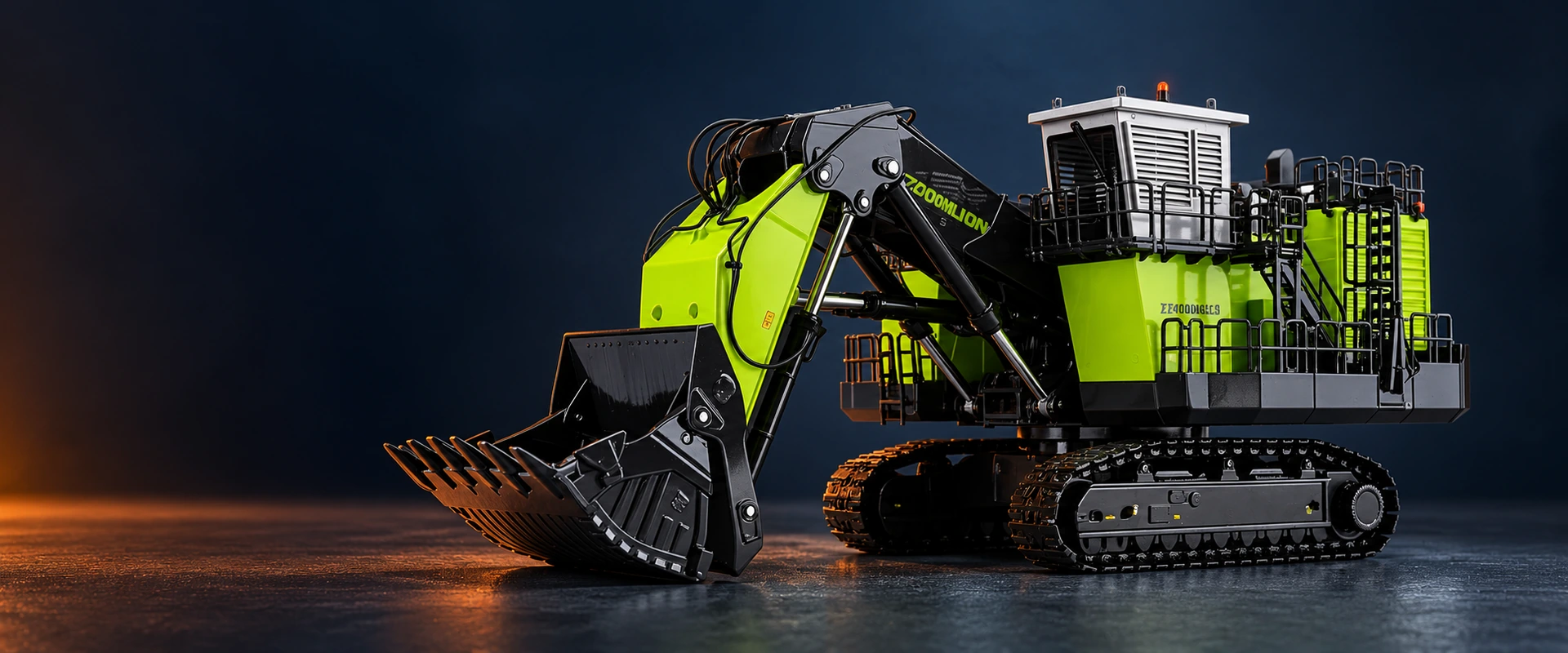 Zoomlion XE4000GLS mining excavator scale model with green and black boom, silver cab and crawler tracks