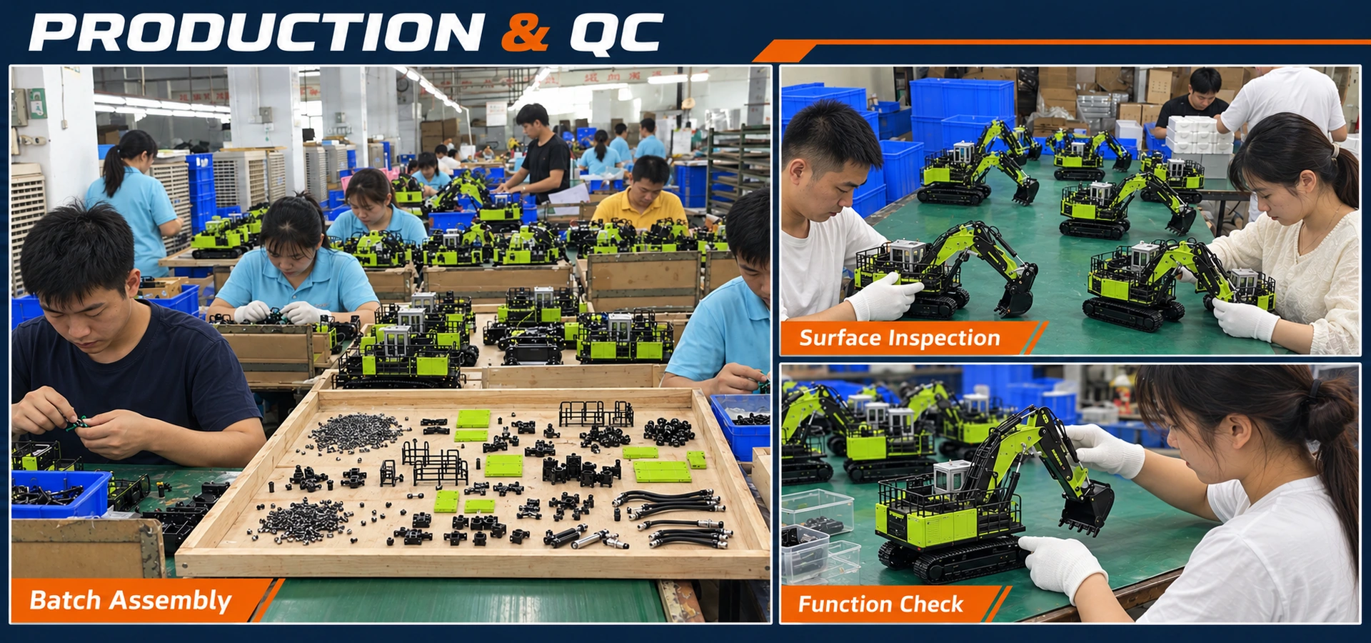 AI-edited process illustration based on workshop photographs showing small-part assembly, surface inspection and a manual model function check