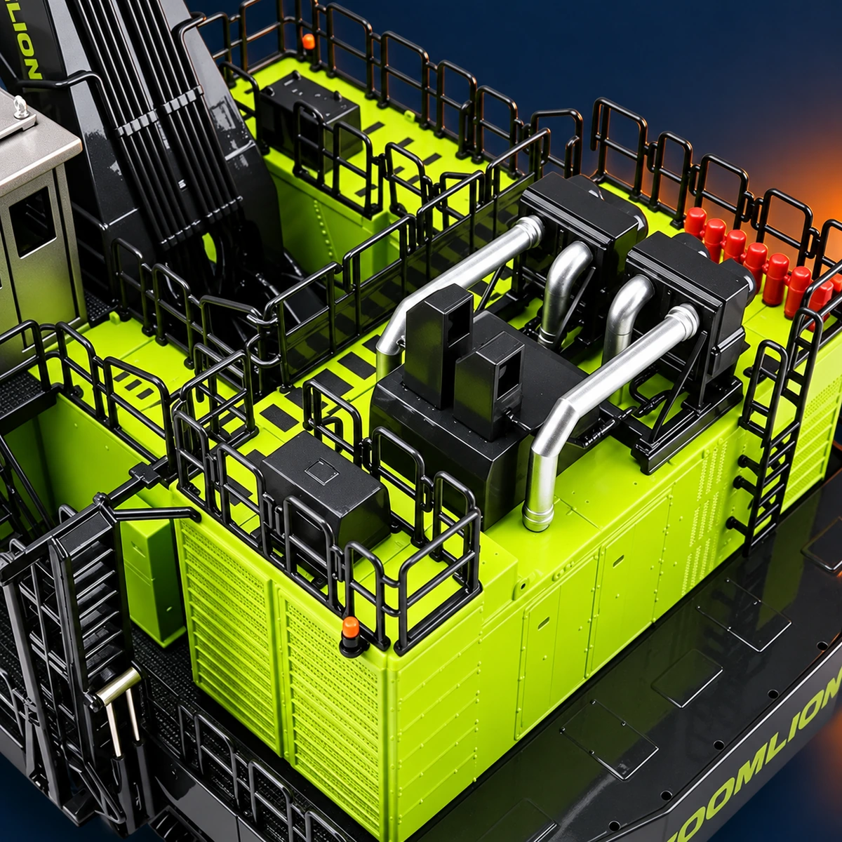 Silver pipework and black equipment housings on the excavator model upper deck