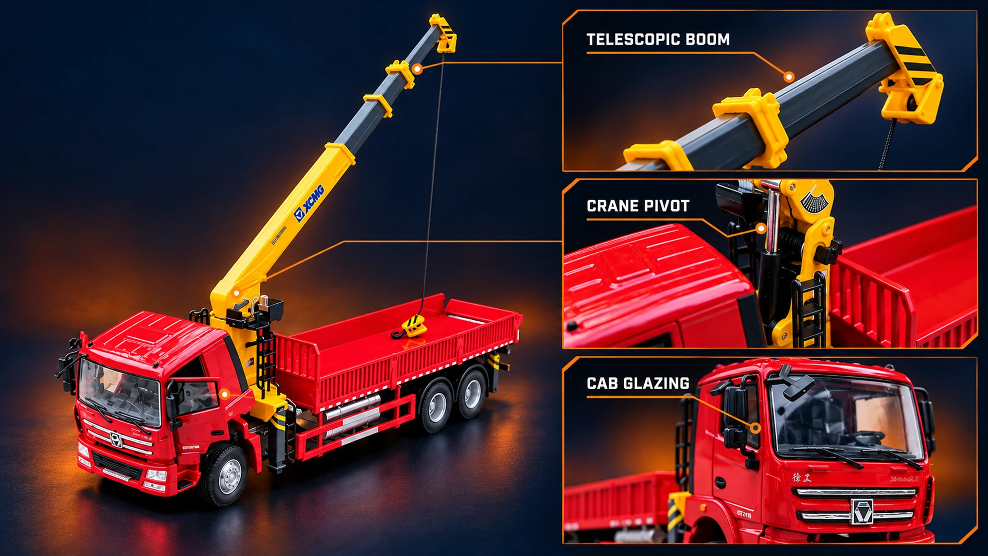 Illustrated views of the crane boom, crane pivot and cab glazing on the XCMG model