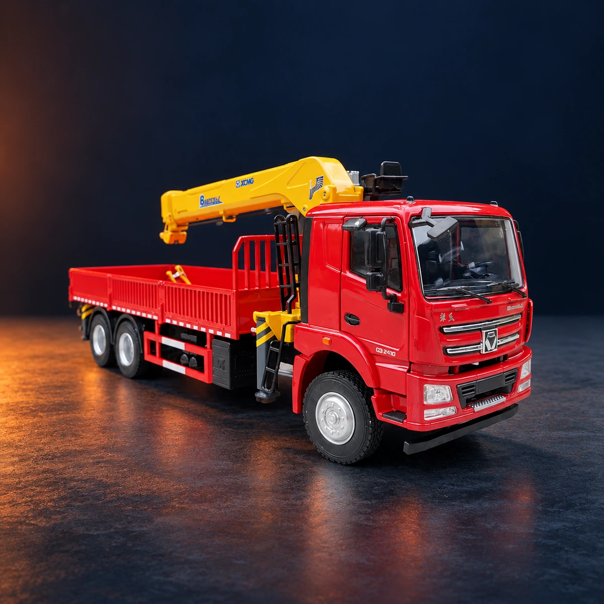 Front and side view of the red XCMG truck-mounted crane model