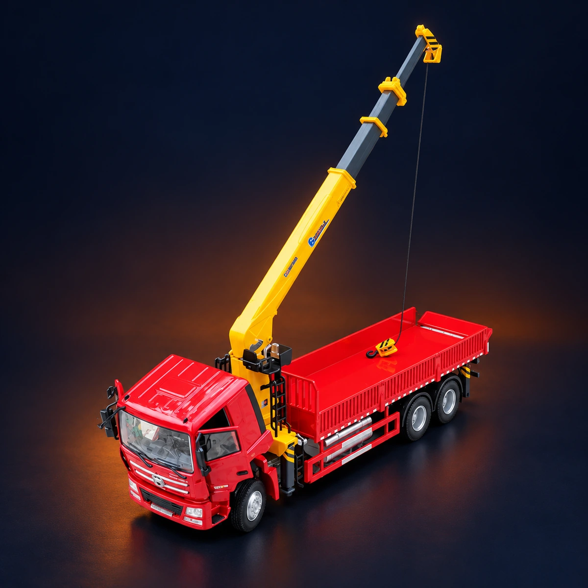 Elevated view of the XCMG crane truck model with raised boom