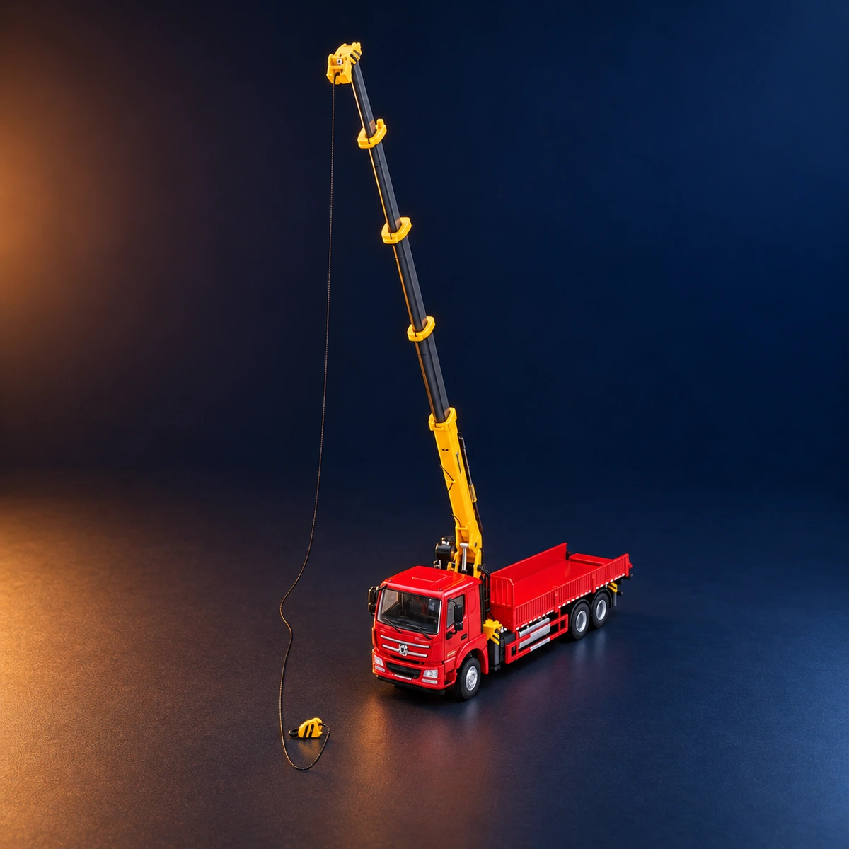 XCMG crane truck scale model with its boom raised and extended
