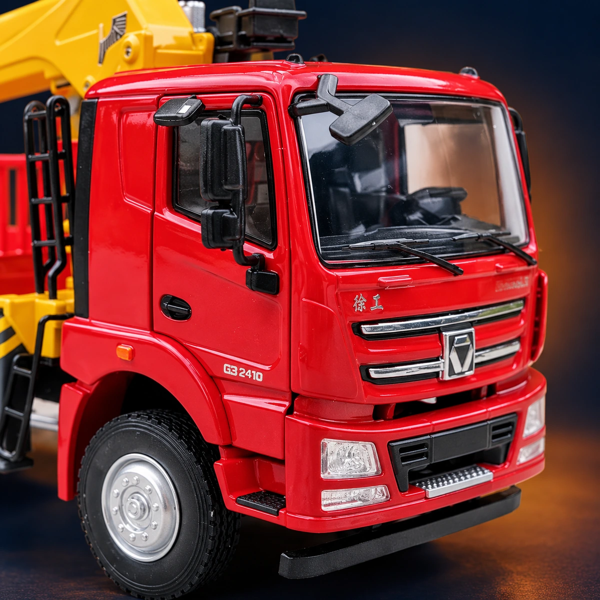 Cab glazing, mirrors and front grille on the XCMG model