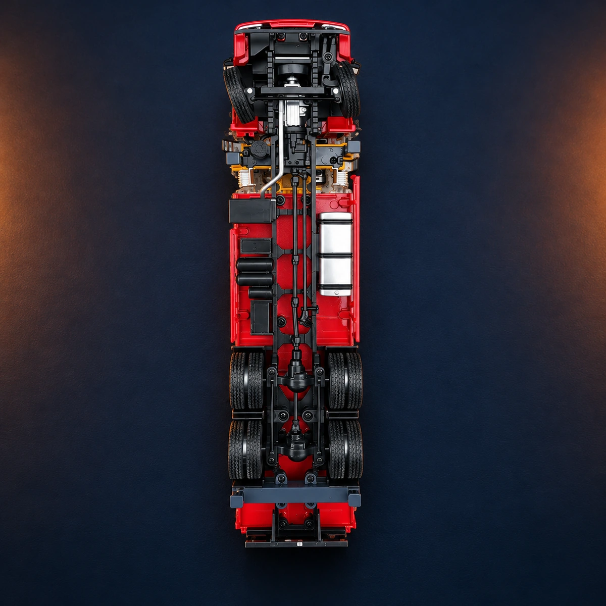 Underside view of the model truck chassis and axles